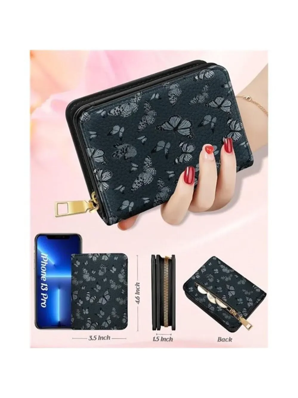 RFID Leather Card Holder Wallet for Women Small Zipper ID Coin Purse Butterfly